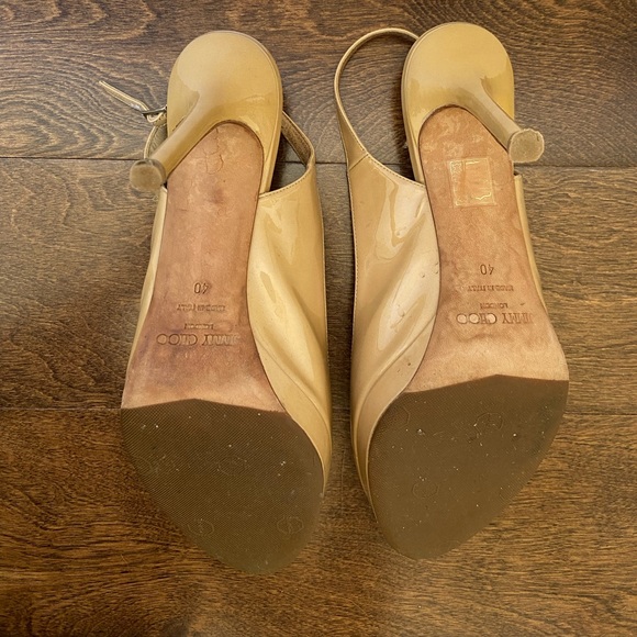 JIMMY CHOO PATENT LEATHER PEEP TOE SLING BACK Size 40 / 10 US Beige Tan - Picture 7 of 8